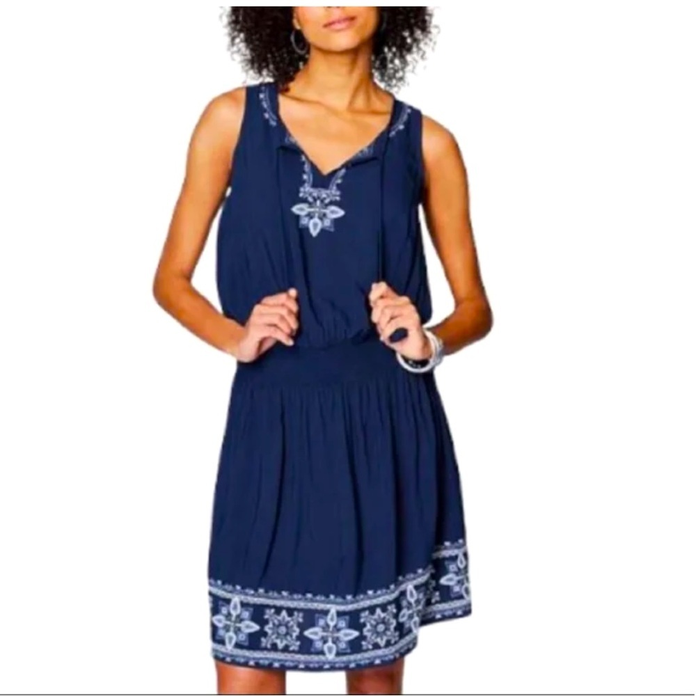 J. Jill Navy Blue Sleeveless Embroidered Mini Dress